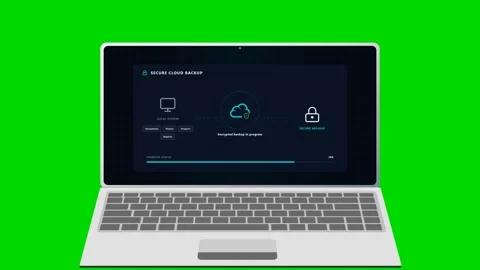 Secure cloud data backup on laptop screen over green background. 4K Stock Footage 342115059