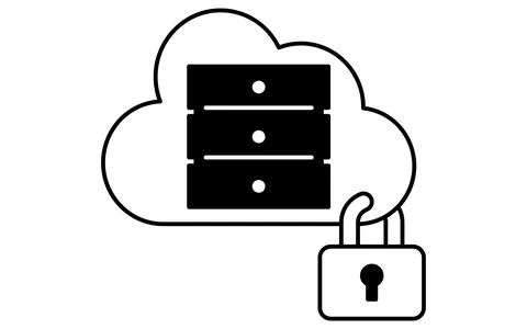 Secure cloud data server line icon with database stack and security padlock.. Stock Illustration