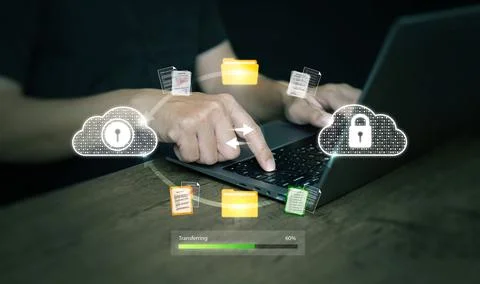 Secure cloud file transfer with hands using laptop, representing encrypted .. 写真素材