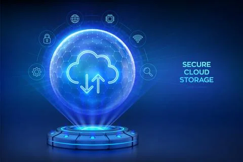 Secure Cloud Storage. Cloud computing. Database, Data center protection. Holo Stock Illustration