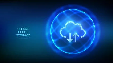 Secure Cloud Storage. Cloud computing. Database storage, Data center protecti Stock Illustration