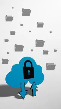 Secure cloud storage featuring a blue cloud with a black padlock, upload an.. Stock Photos
