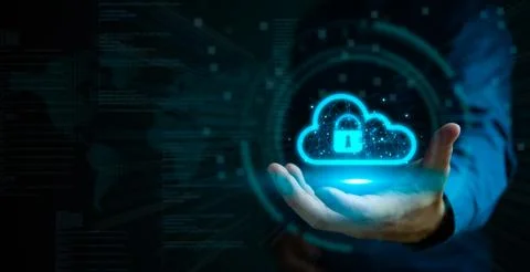 Secure cloud storage symbol, glowing with digital security icons above a ha.. Stock Photos