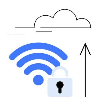 Secure Cloud Upload with wireless Connectivity and Lock Icon Representing D.. イラスト素材