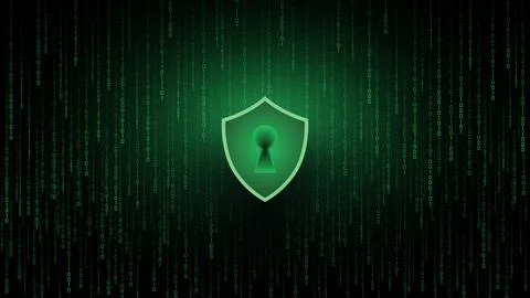 Secure Coding: Green Binary Code with Shield and Keyhole on Black Background Stock Illustration