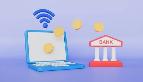 Secure of contactless payments with floating elements of a laptop coins Ilustración de archivo