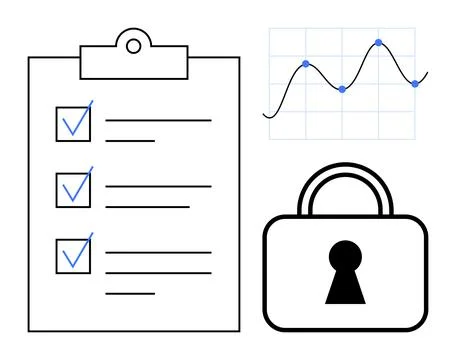 Secure Data Checklist and Analytics Chart Symbolizing Business Efficiency a.. イラスト素材