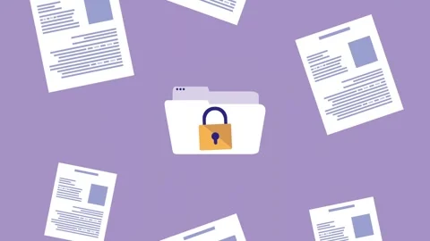 Secure data folder with padlock surrounded by falling documents motion grap.. Video stock 333721049