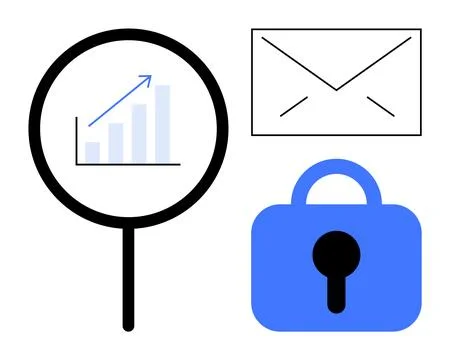 Secure Data Management and Digital Communication Concept with Magnifying Gl.. Illustrazione stock