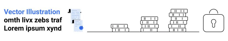 Secure Data Management Document, Coin Stacks, and Lock Icon Stock Illustration