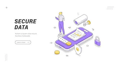 Secure data protection isometric banner template. Vector illustration for inf 스톡 일러스트