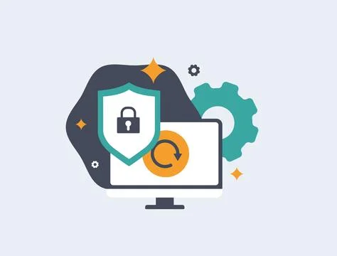 Secure data recovery with shield protection. System update process highlights Stock Illustration