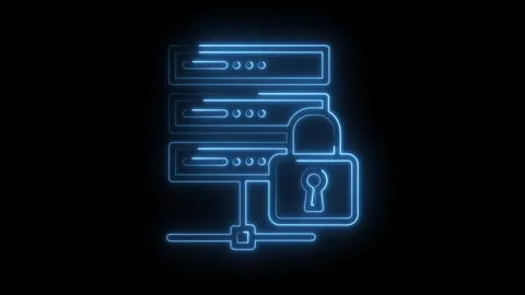 Secure data server protected with padlock neon style animation on black Stock Footage 322961361