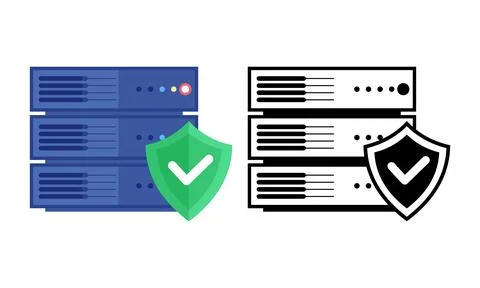 Secure data server rack icon set with checkmark shield Stock Illustration