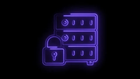 Secure data storage with neon style server rack and lock icon on dark background Stock Footage 322960466