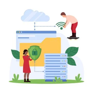 Secure data storage, transfer, sharing with cloud service, cyber security of Stock Illustration