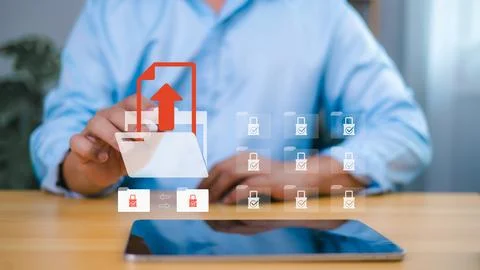 Secure data upload and cloud file sharing concept with businessman touching.. Stock Photos
