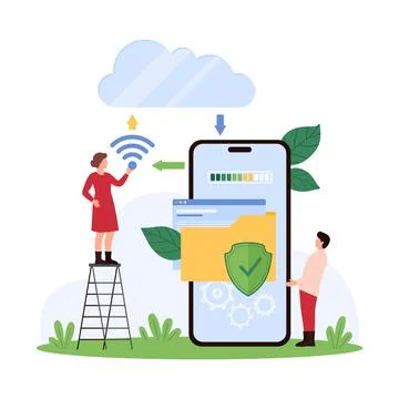 Secure data upload, cyber security, firewall protection, tiny people load 库存插图