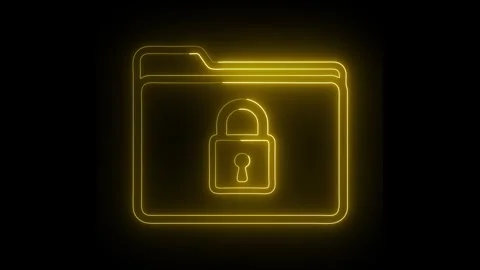 Secure digital data folder with neon padlock animation on black background 스톡 동영상 333457921