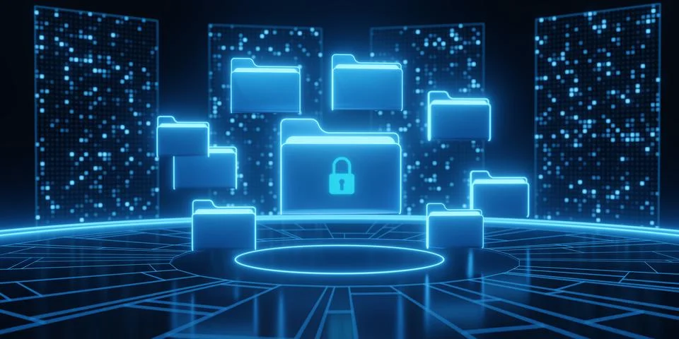 Secure Digital Folders with Lock in Data Center Network Stock Illustration