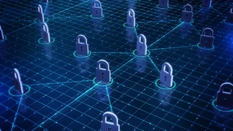 Secure Digital Grid with Padlocks for Privacy and Cyber Defense Stock Footage 342627532