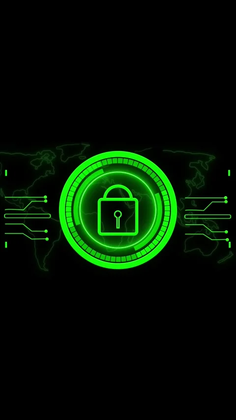 Secure Digital Interface with a Glowing Green Lock Symbol and World Map sec.. Stock Footage 337462706