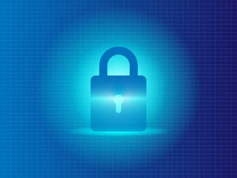 Secure digital lock icon glowing on blue grid background for data security Illustrazione stock