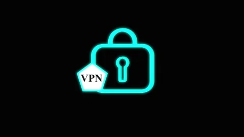 Secure digital padlock glowing cyan neon symbol with VPN shield appearing, .. Stock Footage 339513191