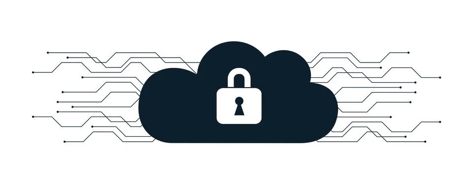 Secure digital space in a blue cloud with lock isolated on white Illustrazione stock