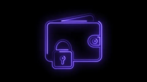 Secure digital wallet neon glow animation on black background with padlock icon Stock Footage 322985841