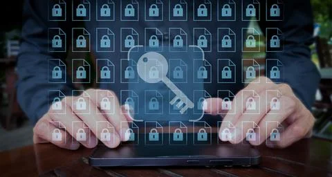 Secure Document Access with Tablet and Encryption Icons in Outdoor Setting Stock Photos