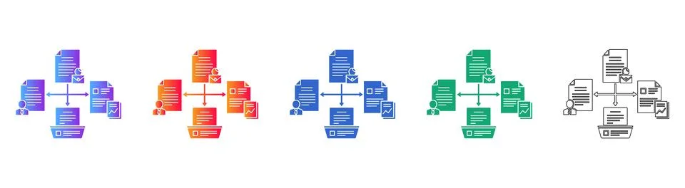 Secure Document Management and Data Flow System Icons Stock Illustration