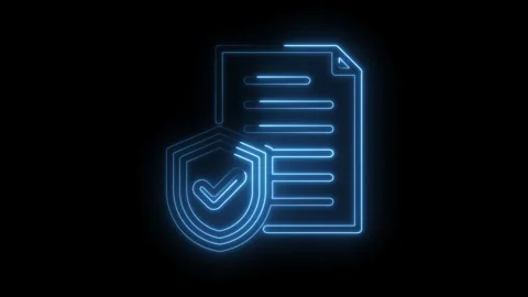 Secure document with shield and checkmark glowing animation on black background Stock Footage 330781654
