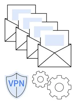 Secure Email Communication and VPN Shield with Gears Representing Technical.. Stock Illustration