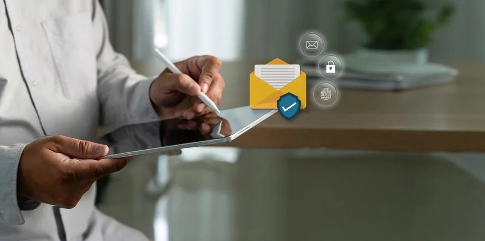 Secure email icons, encrypted mail, biometric authentication, privacy prote.. Stock Photos