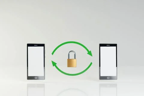 Secure, encrypted communication between mobile devices, concept. Two smartpho Illustrazione stock