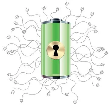Secure encryption design.Many power plugs on the battery. Stock Illustration