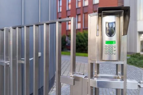Secure entry gate with digital video intercom Stock Photos