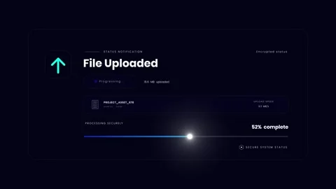 Secure file upload progress interface with transfer completion animation Stock Footage 347636812
