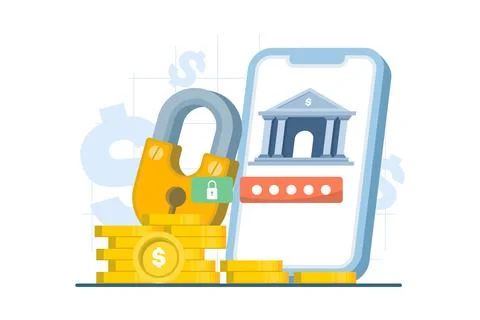 Secure financial app concept with smartphone, gold coin, and lock Stock Illustration