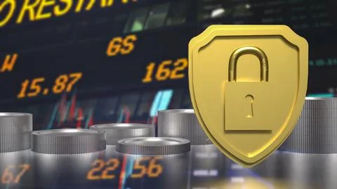 Secure Financial Protection Concept with Lock and Coins 3d render. Stock Photos