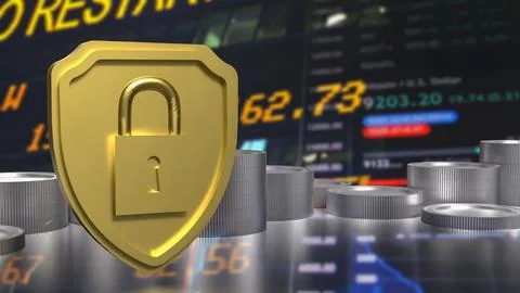 Secure Financial Protection Concept with Lock and Coins 3d render. Foto stock