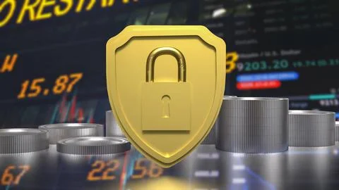 Secure Financial Protection Concept with Lock and Coins 3d render. Foto stock