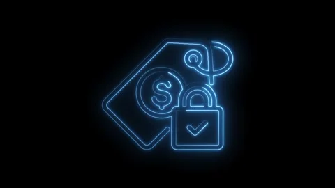 Secure financial transaction neon style animation with tag lock and coin symb Stock Footage 346004611