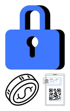 Secure financial transactions concept with padlock, coin, and mobile bankin.. Stock Illustration
