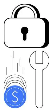 Secure Financial Transactions with Lock, Falling Coins, and Wrench Financial Illustrazione stock