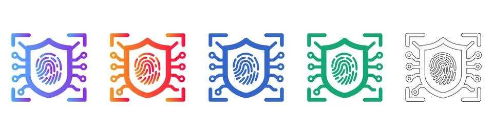 Secure Fingerprint Biometric Data Protection Icons Stock Illustration