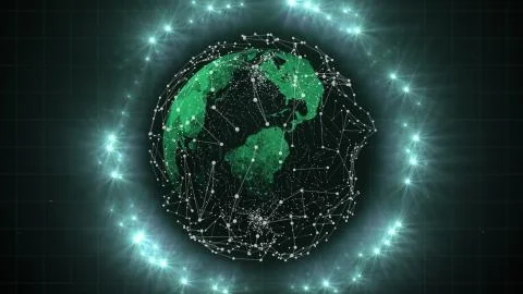 Secure global financial network and lights circle surrounding virtual planet. 스톡 일러스트