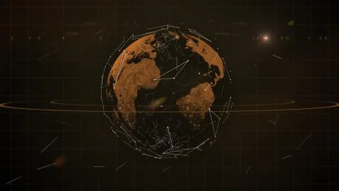 Secure global financial network surrounding virtual planet. Illustrazione stock