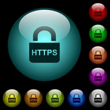 Secure http protocol icons in color illuminated glass buttons Ilustración de archivo